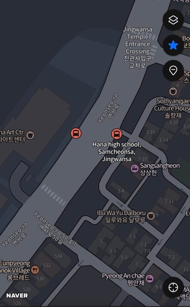 Naver Map showing the Hana High School, Samcheonsa, Jingwansa bus stop near Eunpyeong Hanok Village

