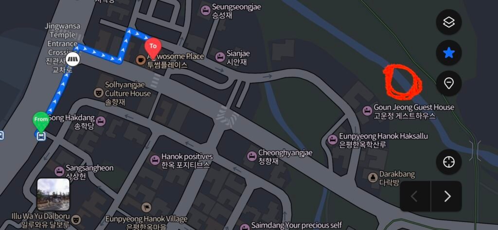 Naver Map walking route from the bus stop to the saetgil entrance of Jingwansa Valley