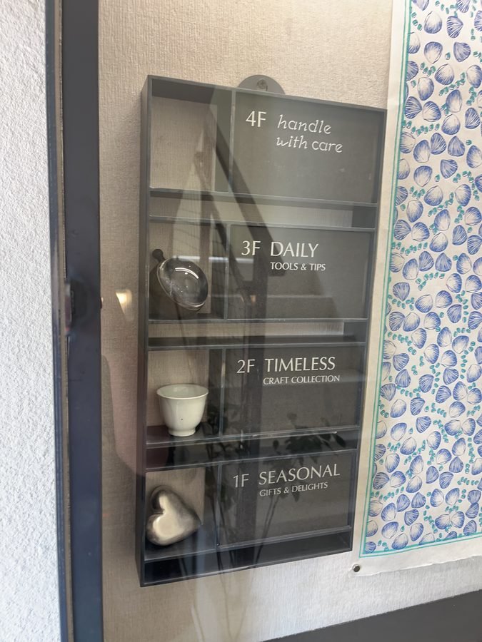 The floor directory by the stairs: 1F Seasonal, 2F Timeless, 3F Daily, 4F handle with care.