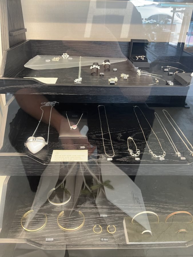 Silver necklaces, earrings and rings in a dark display case.