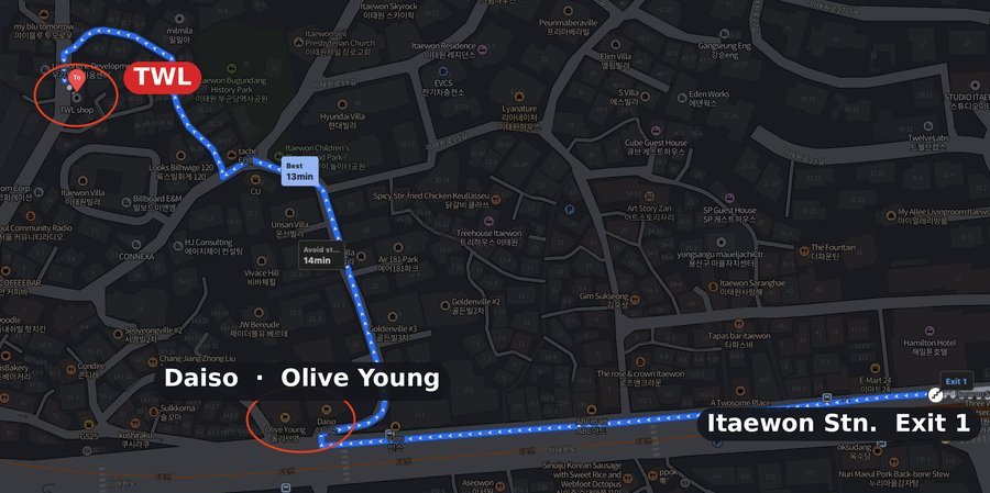 Walking route on Naver Map from Itaewon Station Exit 1 to TWL, about thirteen minutes, passing Daiso and Olive Young.