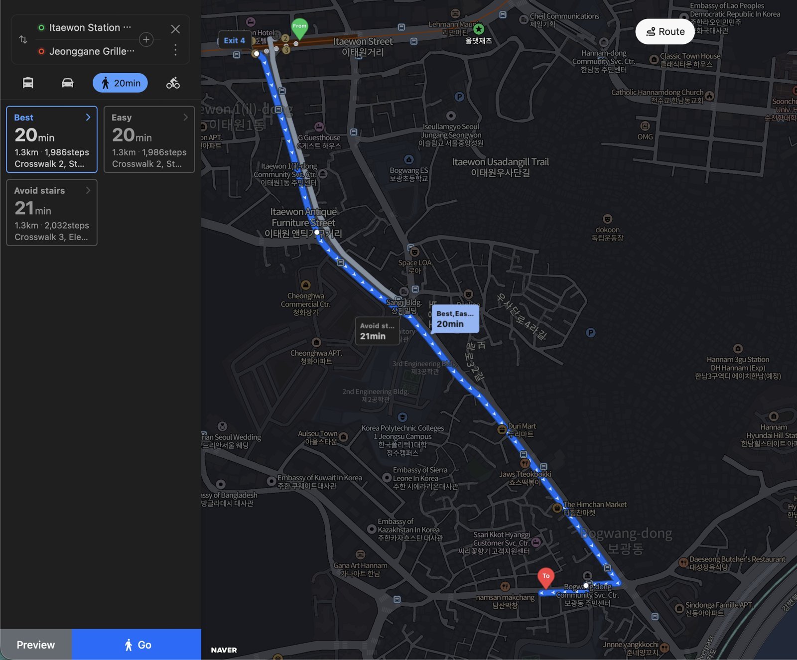 Naver Map walking route from Itaewon Station Exit 4 to Jeonggane: 20 minutes, 1.3km.