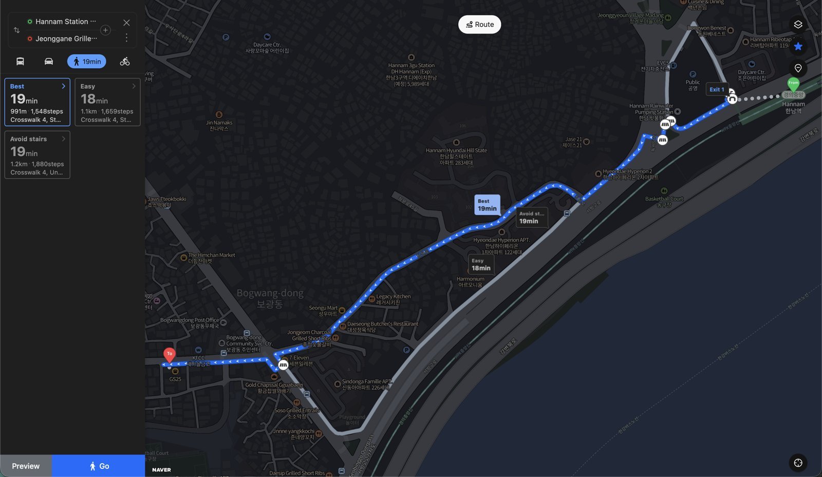 Naver Map walking route from Hannam Station Exit 1 to Jeonggane: about 19 minutes.