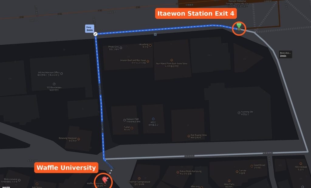 Map from Itaewon Station Exit 4 to Waffle University Itaewon Campus, about a 3-minute walk